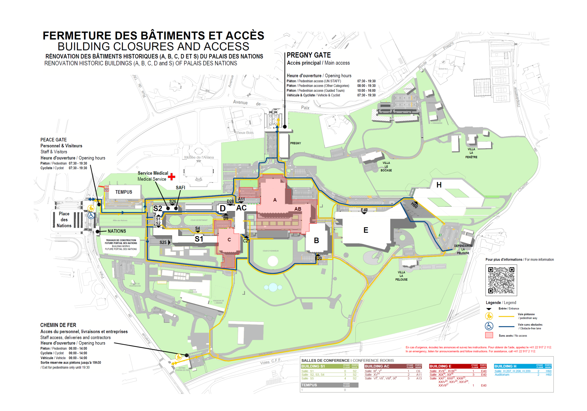 A map of the Palais des Nations, showing the walking routes from the different entrances to the office building during the renovation of the Palais.