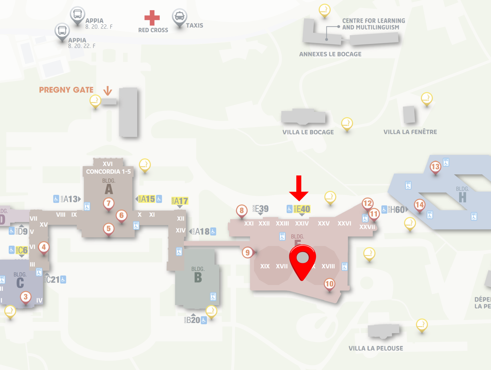 A map of the Palais des Nations with a pin on the location where the photobooth will be, in between the two large conference rooms, close to the Serpent Bar in Building E.